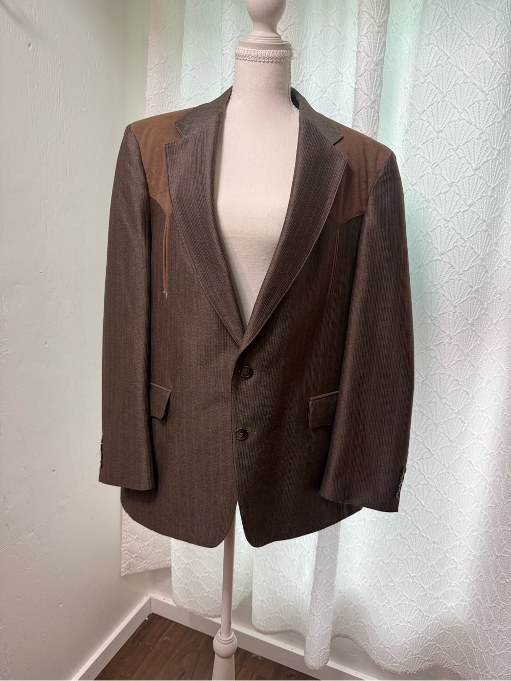 Men's Brown Pinstripe Blazer with Suede Shoulder Panels